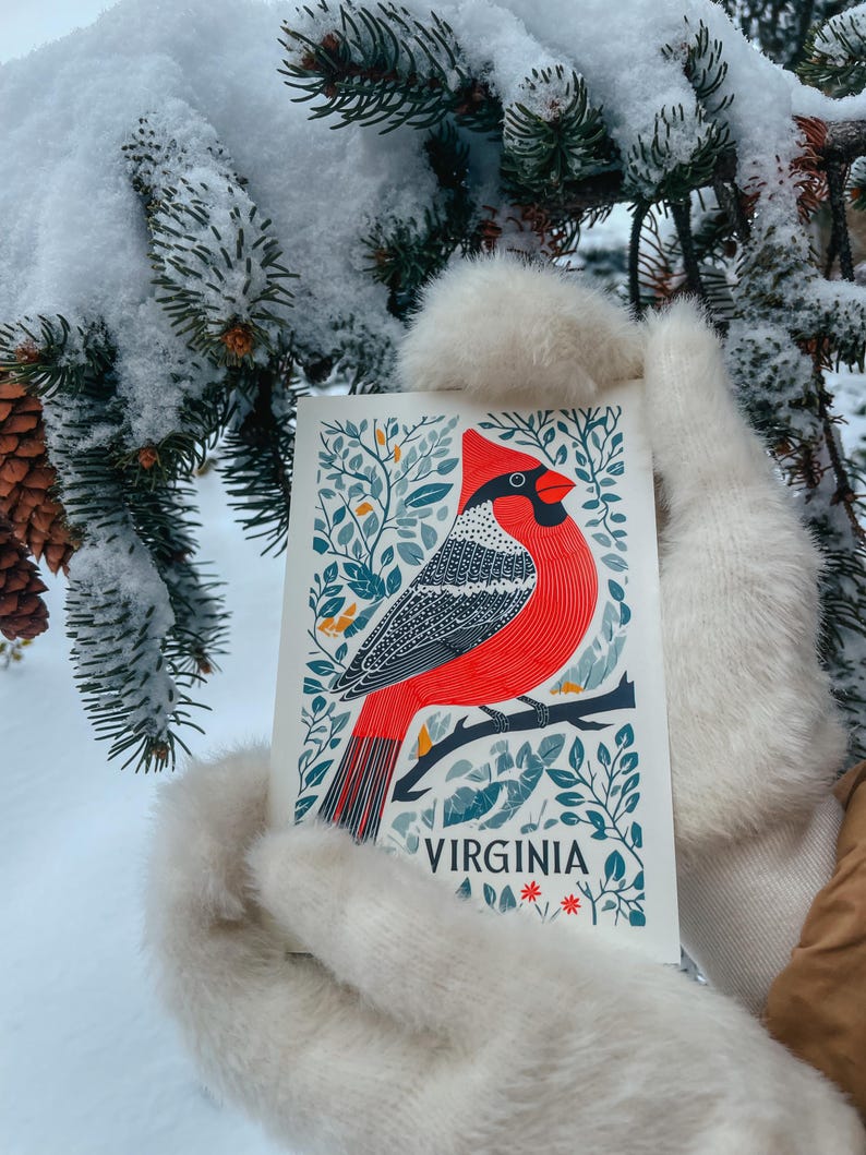 Virginia postcard featuring a state symbol — red cardinal bird. A perfect 4x6" Virginia souvenir for nature lovers, posrcrossers, snail mail lovers, bird watchers, and wildlife enthusiasts. Printed on premium matte cardstock, capturing the serene beauty of Virginia’s waterways. Wonderful watercolor postcard for mailing.