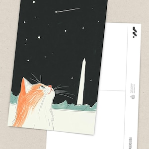 Hand-drawn Washington DC postcard featuring a cozy cat under the Washington Monument at night with a comet in the sky. Perfect DC souvenir, gift, or collectible for cat lovers, stargazers, and fans of unique illustration art