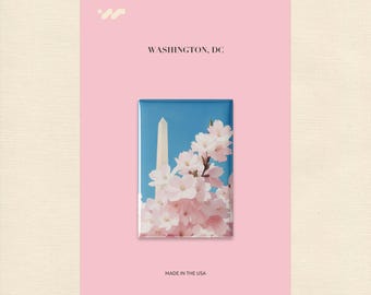 Ímã de flor de cerejeira de Washington DC, arte de sakura do monumento de Washington, ímã de geladeira de primavera, lembrança de viagem de DC, 2x3 polegadas
