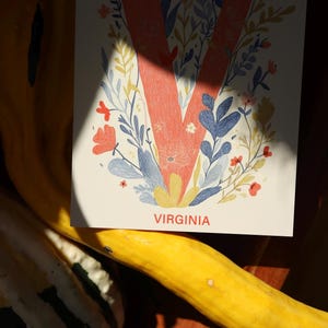 Virginia postcard featuring the letter "V" decorated with delicate floral patterns and charming birds. A 4x6" nature-inspired Virginia souvenir, printed on premium matte cardstock, celebrating the state's natural beauty and wildlife.