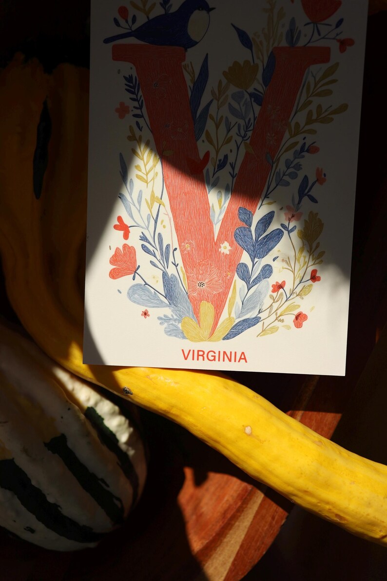 Virginia postcard featuring the letter "V" decorated with delicate floral patterns and charming birds. A 4x6" nature-inspired Virginia souvenir, printed on premium matte cardstock, celebrating the state's natural beauty and wildlife.