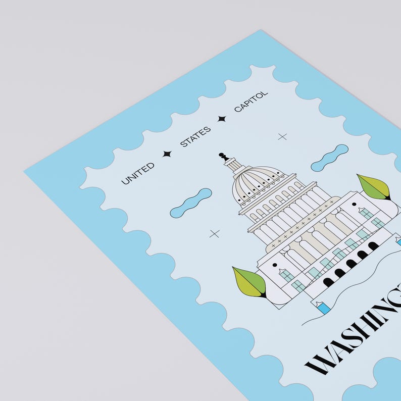 Modern minimalist Washington DC postcard featuring a postage stamp-inspired illustration of the US Capitol on a sky-blue background. A stylish and unique Washington DC travel souvenir, political art print, or collector’s item. High-quality 4x6 postcard, perfect for sending or displaying