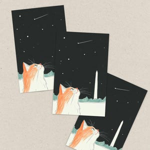 Hand-drawn Washington DC postcard featuring a cozy cat under the Washington Monument at night with a comet in the sky. Perfect DC souvenir, gift, or collectible for cat lovers, stargazers, and fans of unique illustration art