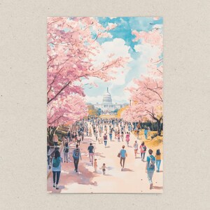 Washington DC Postcard, Hand-Drawn Cherry Blossom Greeting Card