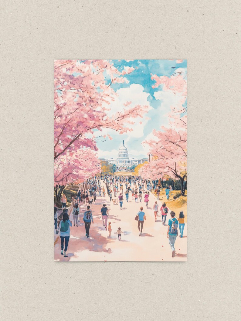 Washington DC Postcard, Hand-Drawn Cherry Blossom Greeting Card