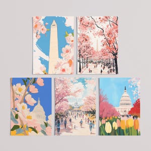 Zestaw pocztówek z motywem kwitnącej wiśni w Waszyngtonie, DC in Bloom (zestaw pięciu pocztówek 4x6), DC Spring Art, pocztówki z motywem sakury