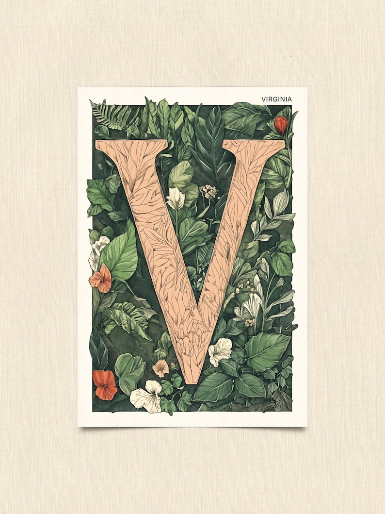Virginia 4x6 postcard featuring the letter "V" decorated with lush green leaves and botanical details, celebrating the state's rich natural beauty. A perfect 4x6" Virginia souvenir, printed on high-quality matte cardstock for nature lovers, postcrossers, and plant enthusiasts.