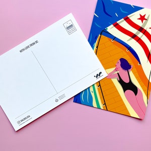 Modern Washington DC postcard featuring a girl yachting on the Potomac River under the DC flag, stylish vector art, souvenir, sailing-themed 4x6 postcard