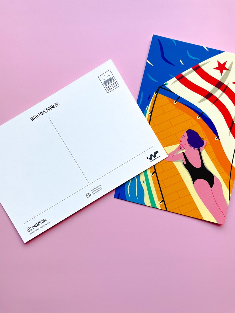 Modern Washington DC postcard featuring a girl yachting on the Potomac River under the DC flag, stylish vector art, souvenir, sailing-themed 4x6 postcard