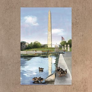 Hand-painted watercolor and pen illustration postcard of The Washington Monument in Washington, DC, featuring a charming duck family swimming in the Reflecting Pool. A whimsical and artistic postcard, perfect as a DC travel souvenir or gift for nature lovers.