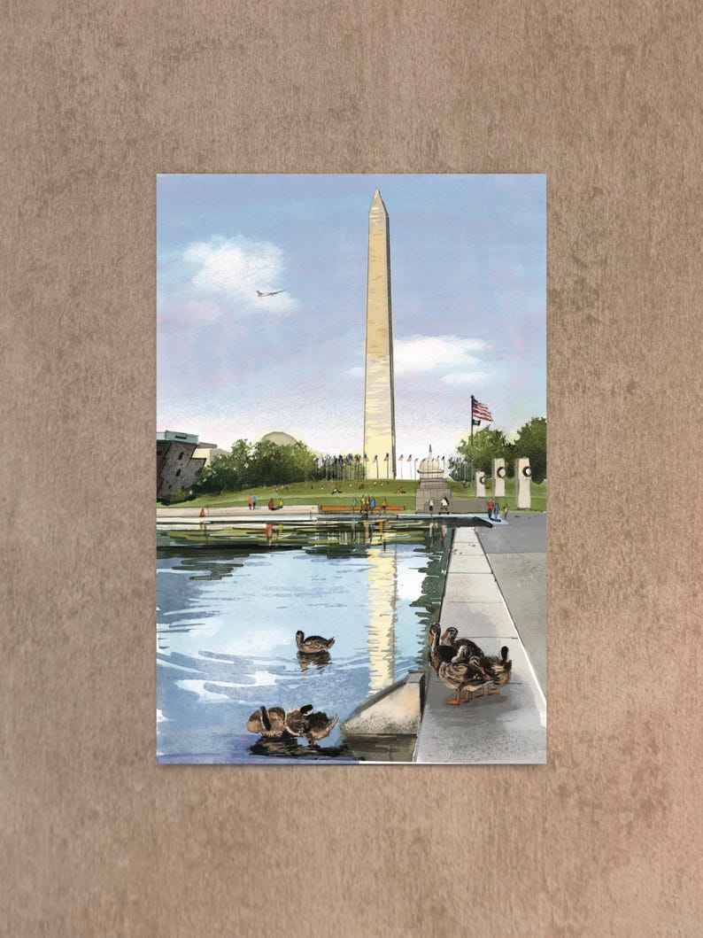Hand-painted watercolor and pen illustration postcard of The Washington Monument in Washington, DC, featuring a charming duck family swimming in the Reflecting Pool. A whimsical and artistic postcard, perfect as a DC travel souvenir or gift for nature lovers.