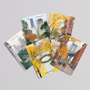 Set of 5 watercolor New York postcards capturing autumn in the city: Central Park fall foliage, Dumbo with Manhattan Bridge, Soho streetscape, Park Avenue rainy scene, and cozy NYC autumn vibes. Perfect for NYC souvenirs, travel gifts, stationery fans, or autumn lovers.