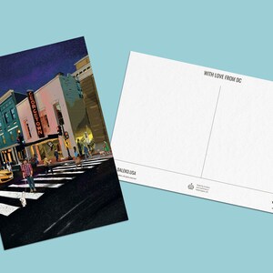 Georgetown Washington DC postcard featuring an iconic neon sign and vibrant street scene, perfect souvenir or gift for postcrossers, DC lovers, and collectors.