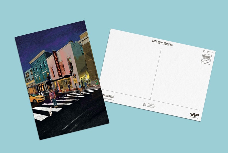 Georgetown Washington DC postcard featuring an iconic neon sign and vibrant street scene, perfect souvenir or gift for postcrossers, DC lovers, and collectors.