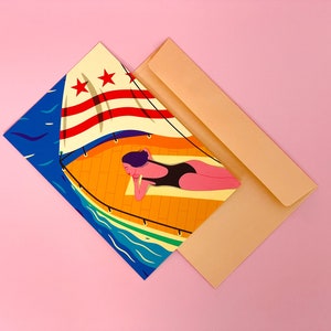 Modern Washington DC postcard featuring a girl yachting on the Potomac River under the DC flag, stylish vector art, souvenir, sailing-themed 4x6 postcard