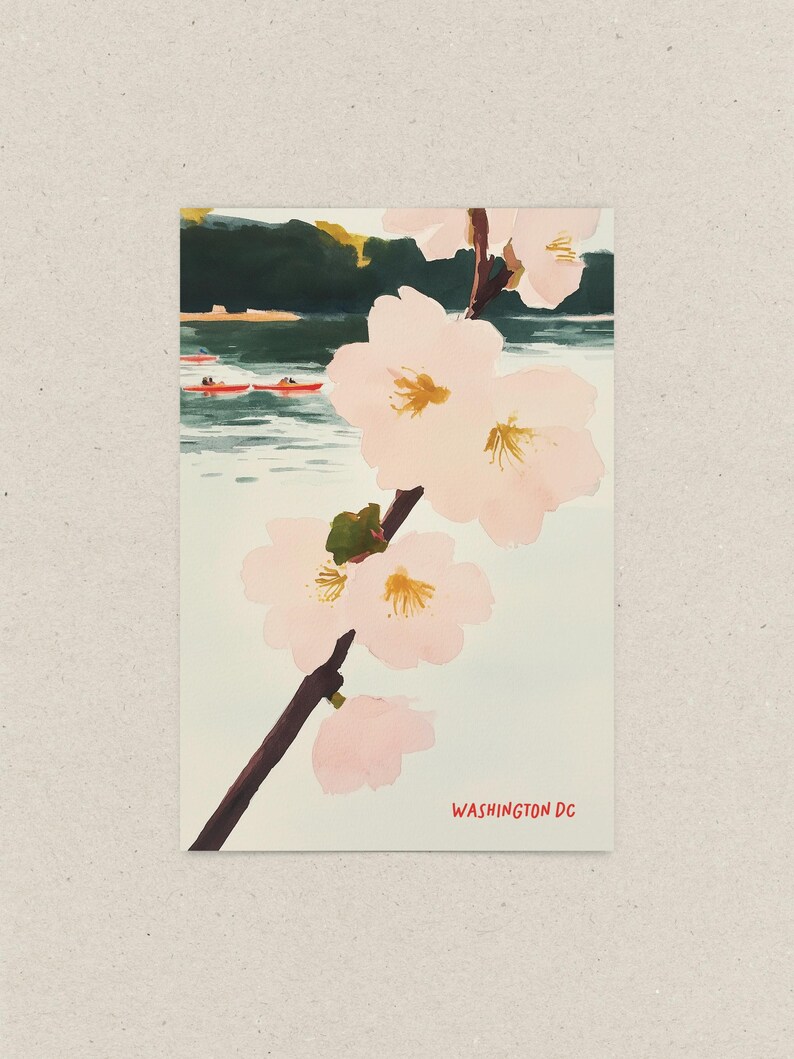 Watercolor illustration of cherry blossoms in Washington, DC’s Georgetown neighborhood, featuring the Potomac River, boats, and kayaks in the background. A charming springtime scene perfect for DC souvenirs and cherry blossom lovers.