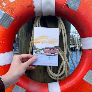 Cartolina di auguri dal Maryland, acquerello di un porto di una città costiera, biglietto di auguri nautico 4x6, souvenir e regalo del Maryland