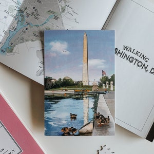 Hand-painted watercolor and pen illustration postcard of The Washington Monument in Washington, DC, featuring a charming duck family swimming in the Reflecting Pool. A whimsical and artistic postcard, perfect as a DC travel souvenir or gift for nature lovers.