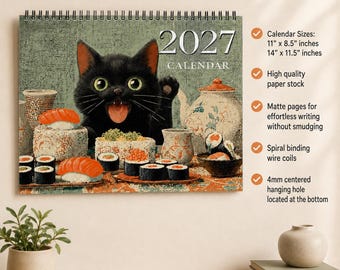 2027 Wall Calendar | Sushi & Cats Calendar for Home, Office, or Gifting