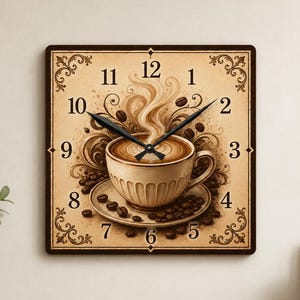 May include: A square wall clock with a beige background featuring a central illustration of a steaming cup of coffee on a saucer surrounded by coffee beans. The clock face displays black Arabic numerals from 1 to 12 and two black clock hands.