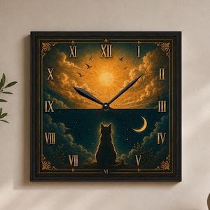 May include: A square wall clock with a black frame featuring a split-scene dial. The top half shows a golden sunlit sky with clouds and birds, while the bottom half depicts a dark night sky with a crescent moon and a silhouette of a cat.