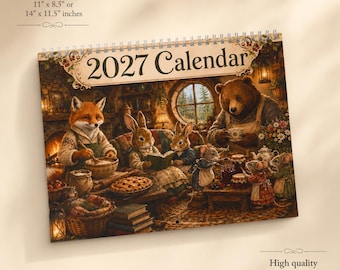 Calendario da parete 2027 / Agenda mensile da parete con volpe, coniglio e orso in stile cottage accogliente