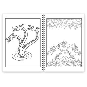 May include: A black and white coloring book open to two pages. One page features a three-headed hydra emerging from water. The other page shows a fiery demon engulfed in flames, with flames surrounding the figure.