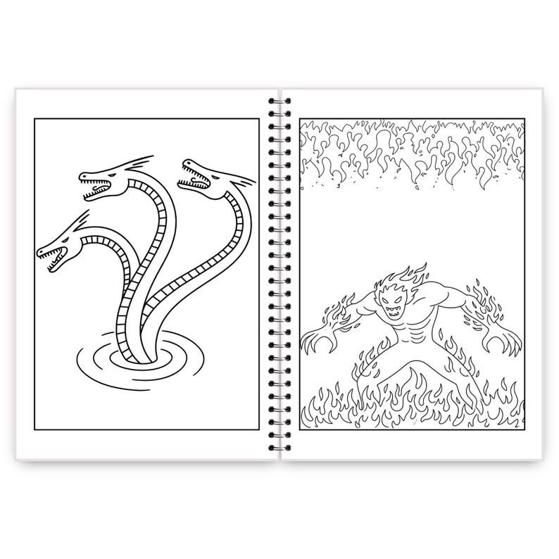 May include: A black and white coloring book open to two pages. One page features a three-headed hydra emerging from water. The other page shows a fiery demon engulfed in flames, with flames surrounding the figure.