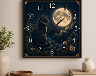Vollmond schwarze Katze Wanduhr |  Rundes oder quadratisches Katzenliebhaber Dekor