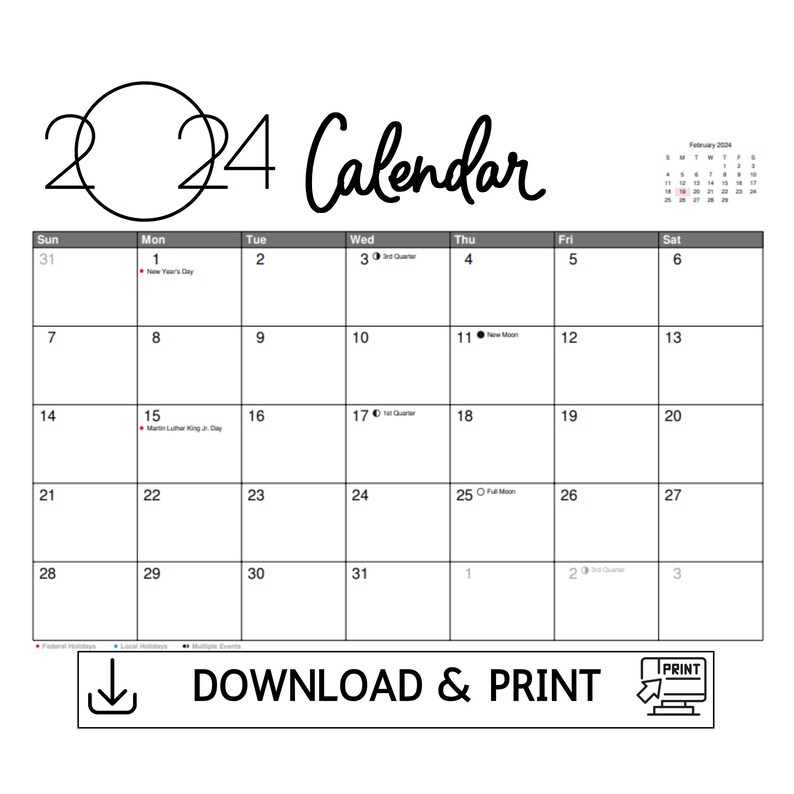 Printable Calendar Digital Download, 12 Month Calendar Download