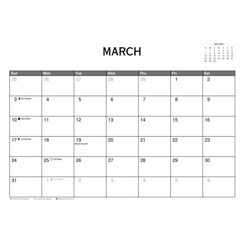 Printable Calendar Digital Download, 12 Month Calendar Download