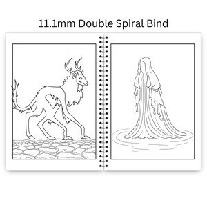 May include: Open coloring book with a double spiral bind. The left page features a line drawing of a deer-like creature with a heart-shaped torso. The right page shows a figure draped in flowing fabric. The text "11.1mm Double Spiral Bind" is at the top.