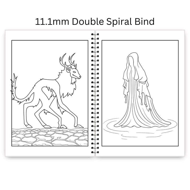 May include: Open coloring book with a double spiral bind. The left page features a line drawing of a deer-like creature with a heart-shaped torso. The right page shows a figure draped in flowing fabric. The text "11.1mm Double Spiral Bind" is at the top.
