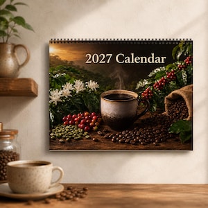 May include: A 2027 wall calendar featuring a photographic print of a steaming ceramic coffee mug surrounded by green and red coffee cherries, white blossoms, and scattered roasted coffee beans on a wooden surface against a mountain backdrop.