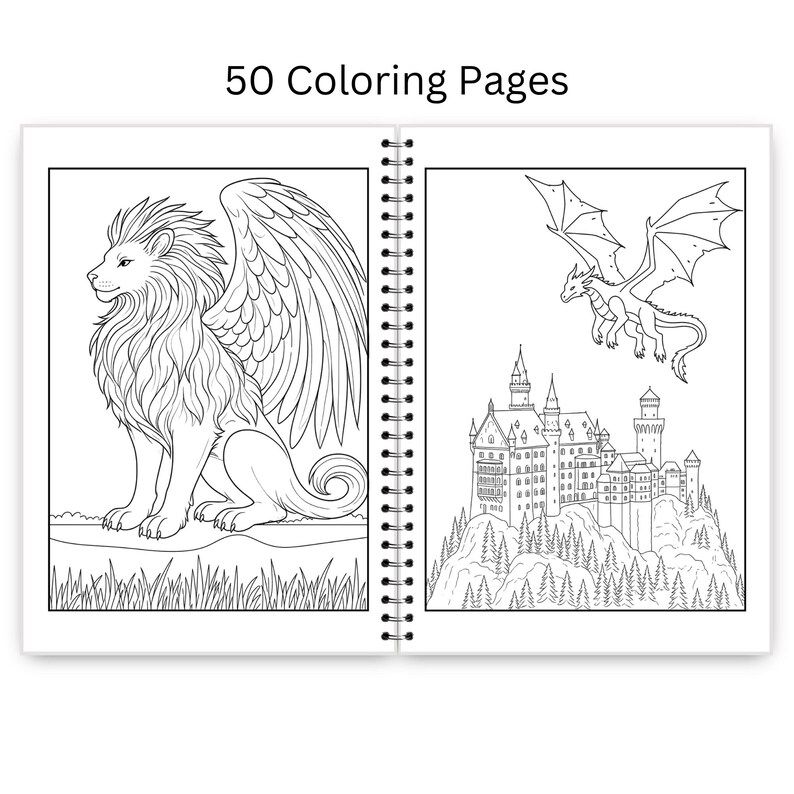 May include: A spiral-bound coloring book with the text "50 Coloring Pages" at the top. The open pages display detailed line drawings of a winged lion and a dragon flying over a castle.