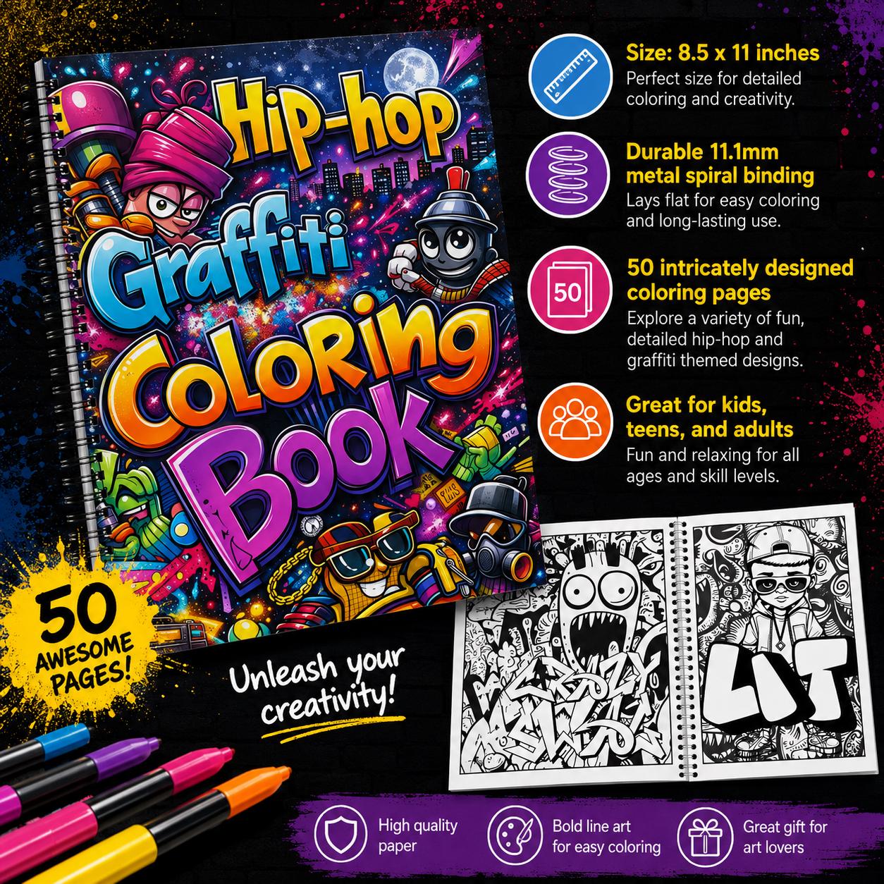 Hip Hop Graffiti Coloring Book for Kids, Teens & Adults | Bold