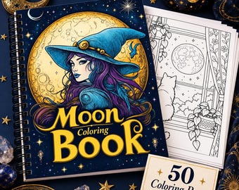 May include: A spiral-bound Moon Coloring Book featuring a cover illustration of a person in a blue witch hat against a large yellow moon. The book includes 50 coloring pages, with a sample page showing a cat looking out a window at the moon.