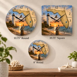 May include: Three wall clocks featuring a Florida map, lighthouse, and pelican scene at sunset. Includes a 10.75-inch round clock, a 10.75-inch square clock, and an 8-inch round clock, all with black hands and numerals.