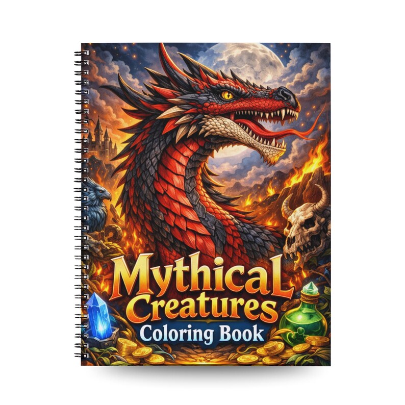 May include: Spiral-bound coloring book titled "Mythical Creatures." The cover features a red and black dragon with a long tongue, set against a fiery background with a full moon and a castle. Additional elements include a blue crystal, coins, and a potion bottle.