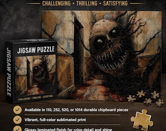 May include: A premium jigsaw puzzle featuring a dark, surreal illustration of a creature with a skull-like face and sharp teeth in a hallway. The set includes a box and loose pieces, with text stating it is available in 110, 252, 520, or 1014 pieces.