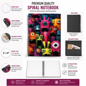 May include: A spiral notebook with a vibrant, multi-colored monster print on the front cover, featuring a black metal spiral binding, a dark gray back cover, and an internal document pocket. The notebook contains 118 ruled pages and measures 6 inches by 8 inches, with 90gsm paper.