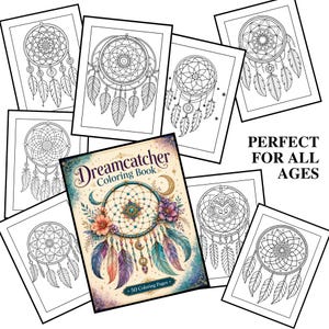 以下が含まれることがあります： 「Dreamcatcher Coloring Book」というタイトルの塗り絵。表紙には花や羽で飾られたドリームキャッチャーのカラフルなイラストが描かれており、その周囲には様々なドリームキャッチャーのデザインが施された白黒の線画ページが複数配置されています。