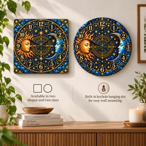 May include: Two wall clocks featuring a celestial design with a golden sun and a blue crescent moon on a dark blue starry background. One clock is square and the other is round. Both have black hands and gold numerals. Text reads: Available in two shapes and two sizes. Built-in keyhole hanging slot for easy wall mounting.
