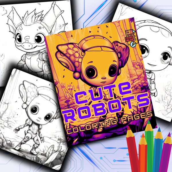Cute Robots Coloring Pages | Instant Download | Kids Coloring Book | Robot Birthday Party | Printable Coloring | Sc-Fi Coloring | PDF