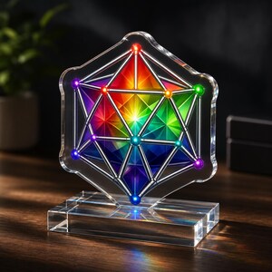 May include: A clear acrylic display featuring a geometric icosahedron structure with metallic silver rods and vibrant, multi-colored LED nodes at each vertex. The central core displays a radiant, prismatic spectrum of light within a hexagonal frame.