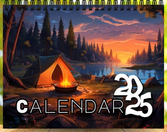 Buitenkampeerkalender 2025 | 12 maanden kalender | Maandplanner | wandkalender | Kalendercadeau | Outdoor Camping Art 2025 Kalender
