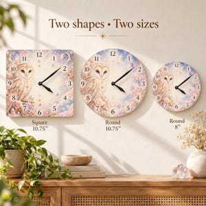 May include: Three wall clocks featuring an owl illustration with celestial motifs. One square clock measures 10.75 inches, one round clock measures 10.75 inches, and one round clock measures 8 inches. The text "Two shapes • Two sizes" is displayed above.