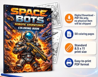 Space Bots Coloring Book – 50 Sci-Fi Robot Grayscale Coloring Pages