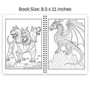 May include: Open coloring book with two black and white illustrations. One page features a three-headed dog, and the other shows a dragon perched on a rock. The book measures 8.5 x 11 inches.