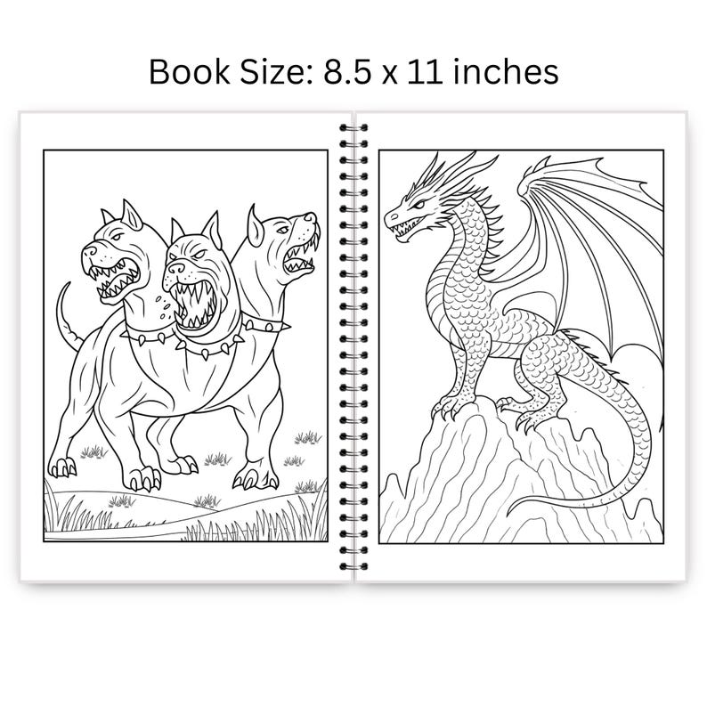 May include: Open coloring book with two black and white illustrations. One page features a three-headed dog, and the other shows a dragon perched on a rock. The book measures 8.5 x 11 inches.